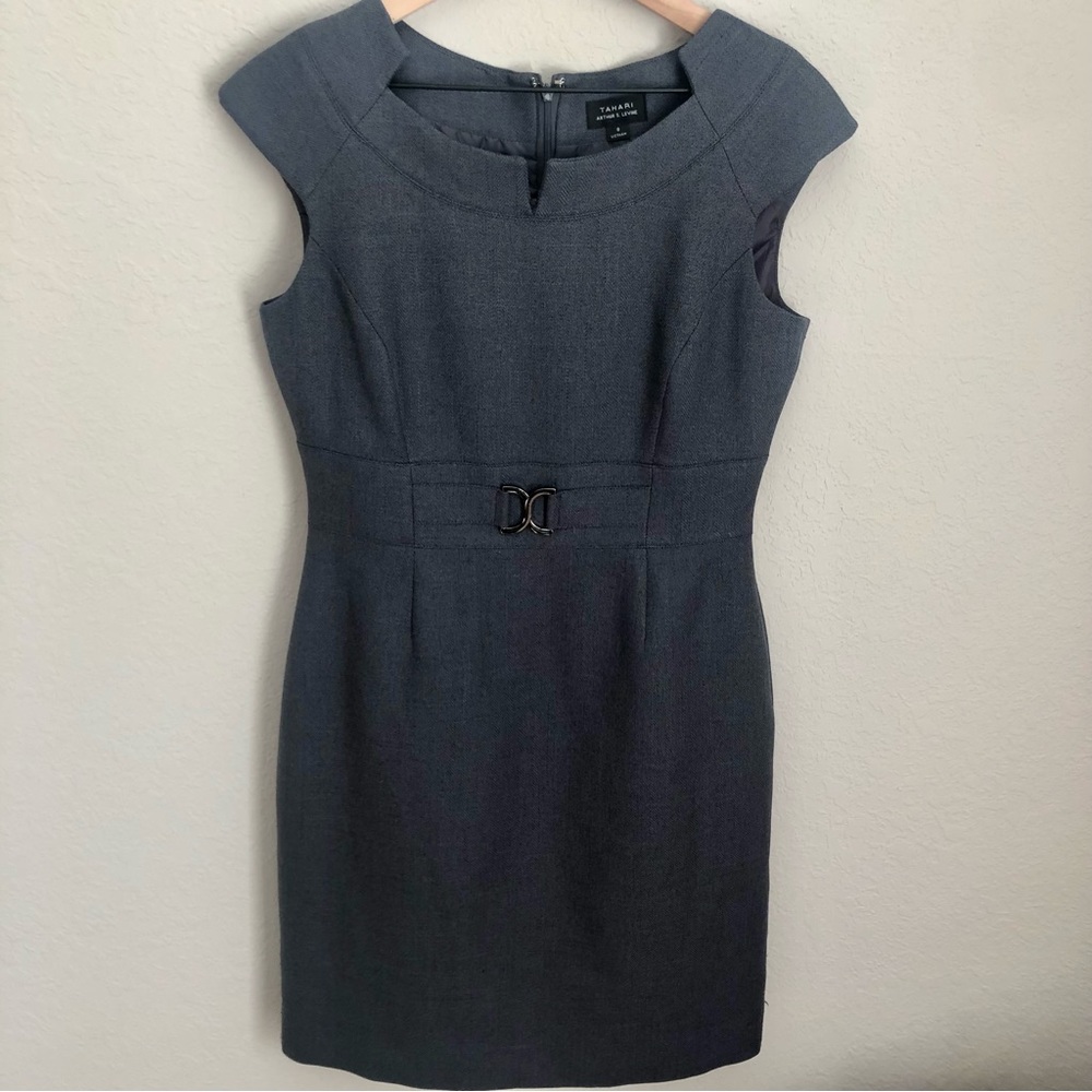 NWOT. Tahari ASL charcoal grey notched neck sheath dress size 8.
